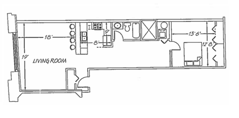 Floor plan for 1 bed, 1 bath, 934 sqft